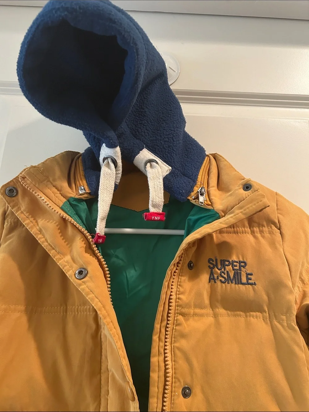 YNF Dock Feather Golden Mustard ZipUp Snaps Puffer Jacket Hood size 120 (5-7yrs)